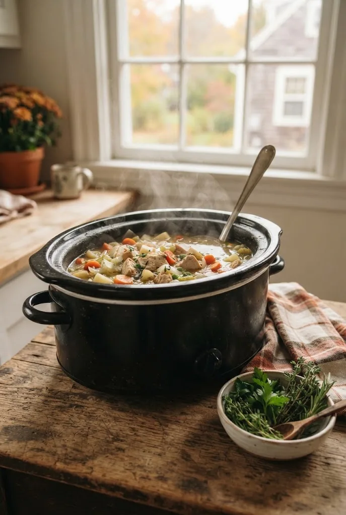 Slow cooker full of homemade soup with a ladle on a kitchen counter, an easy way to make soup recipes