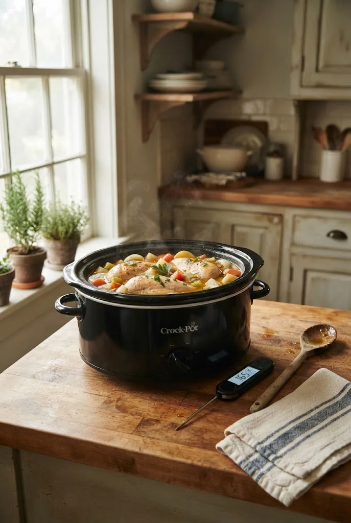 Slow cooker cooking times chart guide showing a slow cooker with chicken and vegetables and a food thermometer