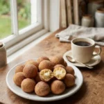 Snickerdoodle poppers rolled in cinnamon sugar, one cut open to show the vanilla cream filling