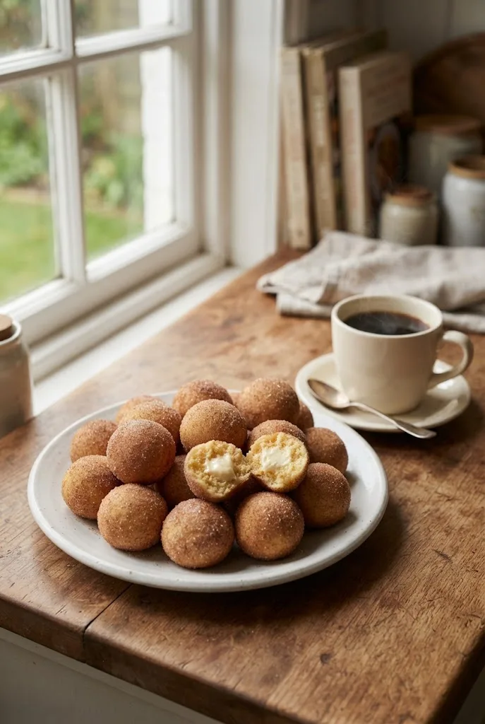 Snickerdoodle poppers rolled in cinnamon sugar, one cut open to show the vanilla cream filling