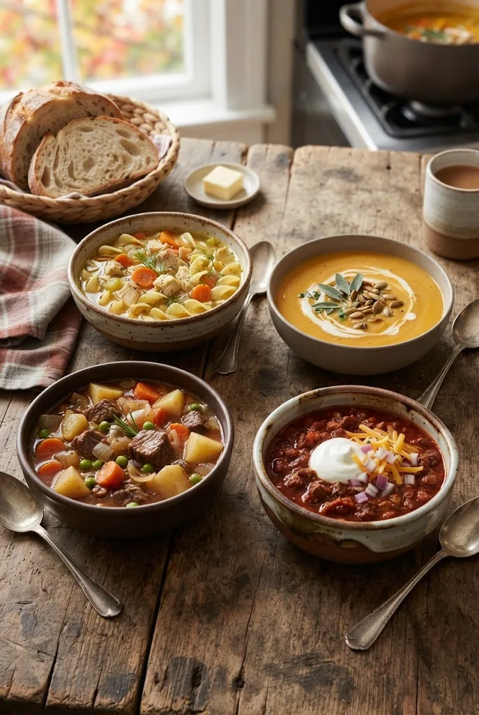 Soup recipes spread with bowls of chicken noodle soup, tomato soup, beef stew and chili on a wooden table