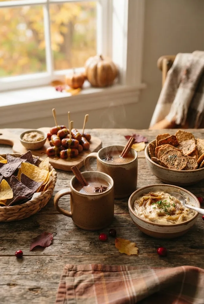 Mugs of spiced apple cider next to bowls of dip, crackers and chips on a Thanksgiving appetizer table