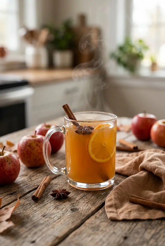 Steaming mug of spiced apple cider with a cinnamon stick, star anise and orange slice on a wooden table