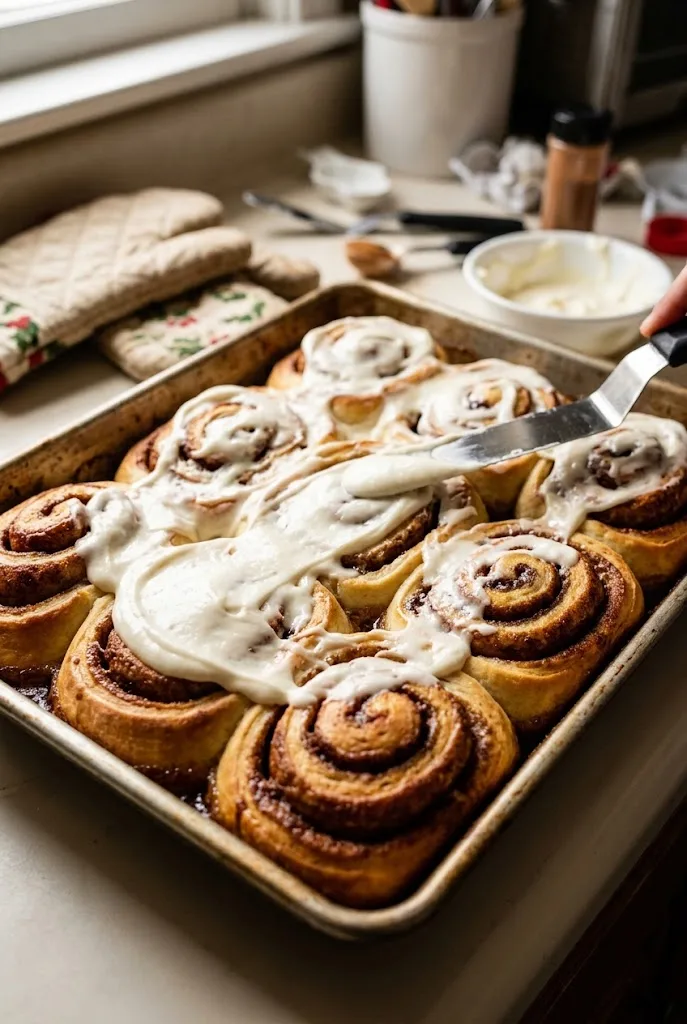 Offset spatula spreading cream cheese frosting over warm overnight cinnamon rolls in a pan
