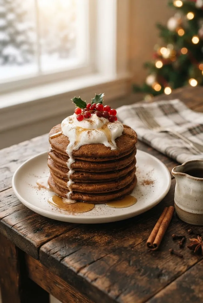Tall stack of gingerbread pancakes with maple syrup and whipped cream, a festive Christmas breakfast idea