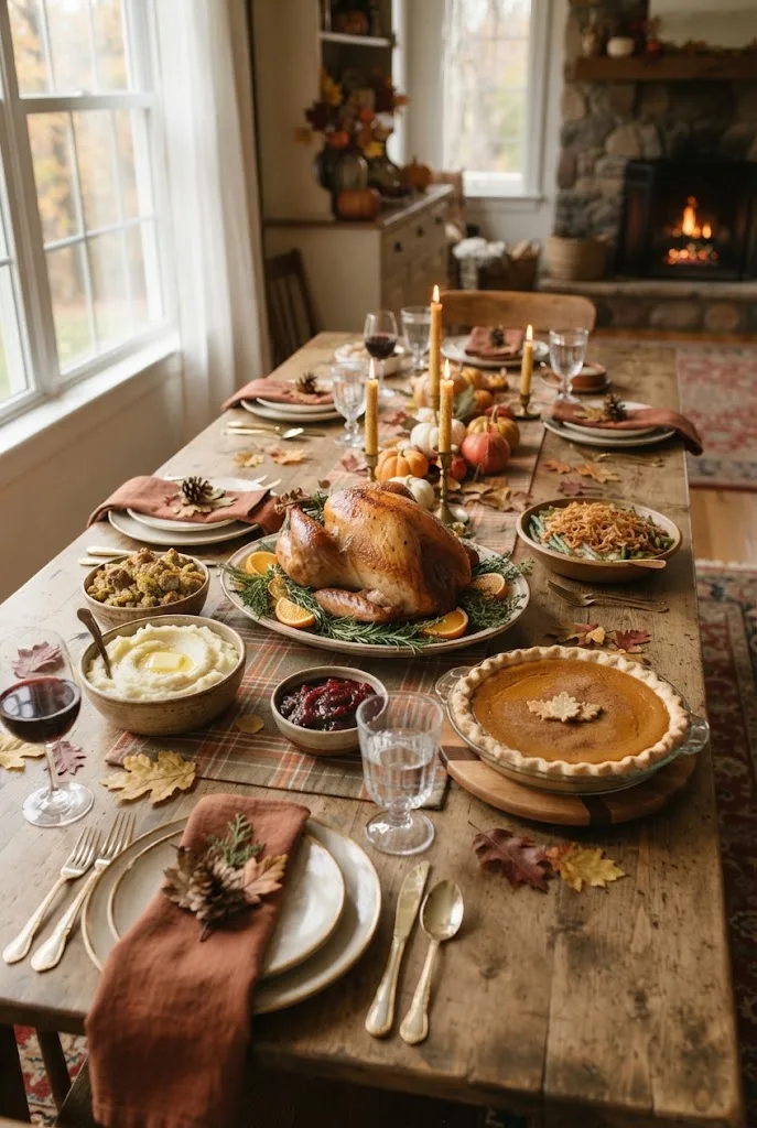 Thanksgiving menu table with a roast turkey breast, mashed potatoes, stuffing, green beans, cranberry sauce and pie