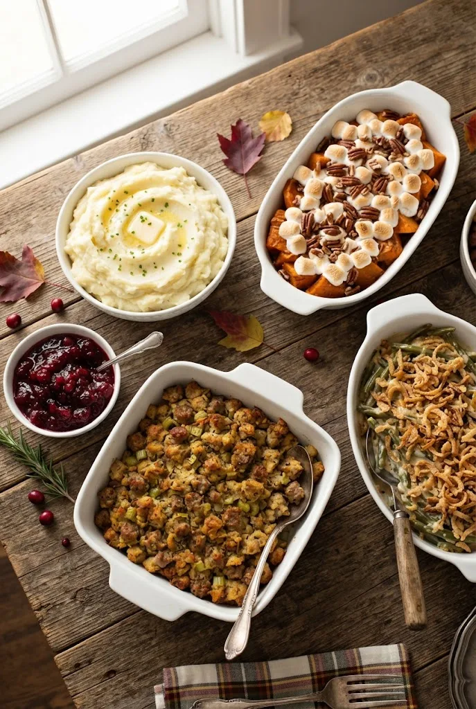 Bowls of mashed potatoes, sweet potatoes, stuffing and green bean casserole, classic Thanksgiving menu side dishes