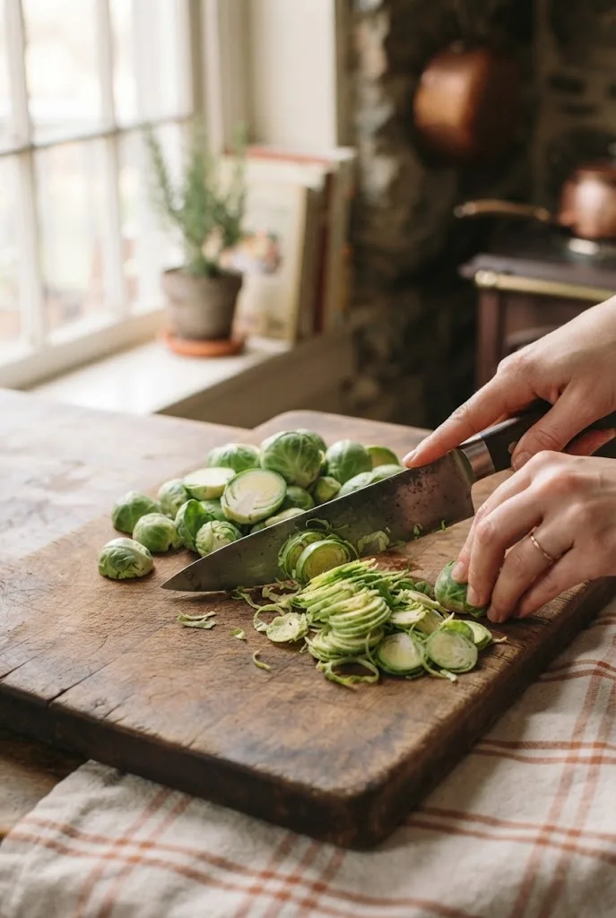 Hand thinly slicing fresh brussels sprouts with a chef's knife on a wooden cutting board