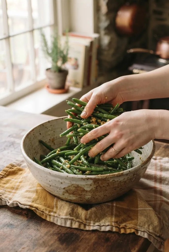 Hands tossing fresh green beans with olive oil, garlic and salt in a large bowl before roasting