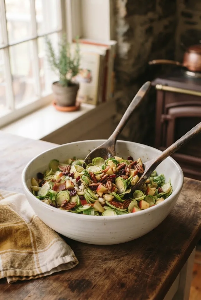 Tossing shaved brussels sprout salad with maple balsamic dressing in a large mixing bowl