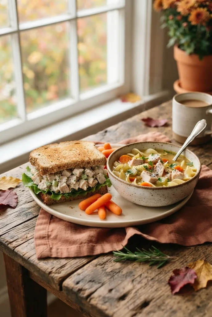 Turkey sandwich and a bowl of turkey soup made from Thanksgiving menu leftovers