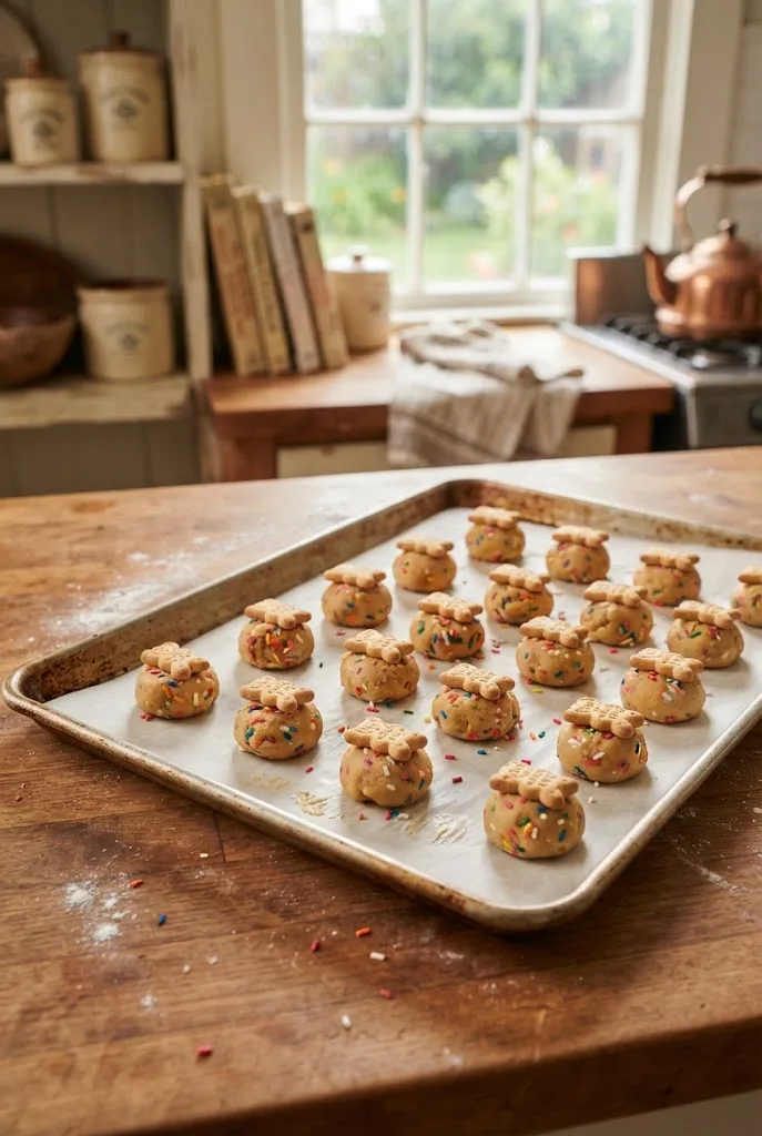 Unbaked funfetti cookie dough balls topped with Teddy Grahams on a parchment-lined baking sheet