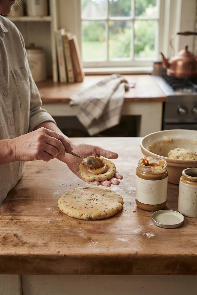 Hands wrapping funfetti cookie dough around a spoonful of cookie butter to make stuffed cookies