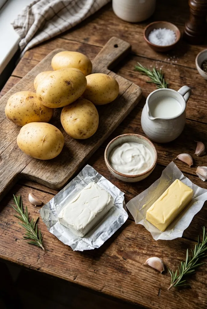 Yukon Gold potatoes, cream cheese, sour cream, butter and milk, the ingredients for make ahead mashed potatoes